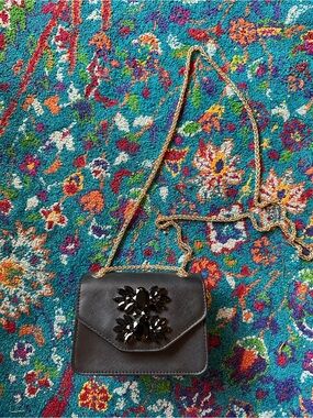 Embellished Black Crossbody Bag with Gold Chain